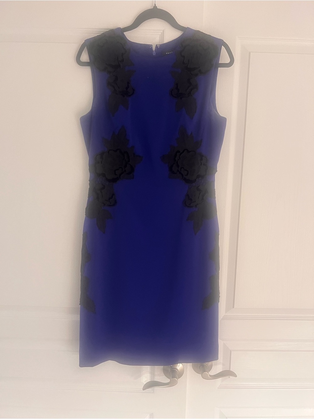 Tahari Sleeveless Cobalt Blue Sheath Dress with Black Floral Appliqué